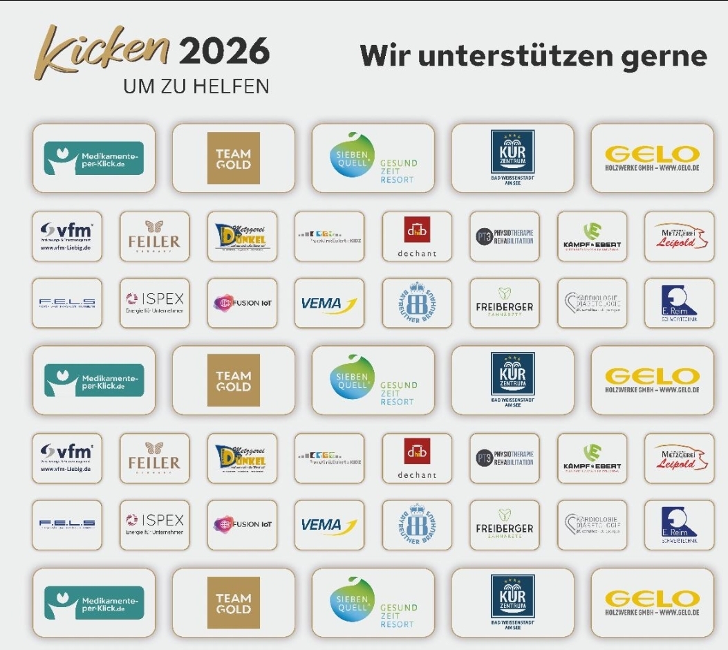 Unsere Sponsoren 2026 – Wir unterstützen gerne: Medikamente-per-Klick, Team Gold, Sieben Quell Gesund Zeit Resort, Kurzentrum Bad Weißenstadt, GELO Holzwerke, vfm, Feiler, Metzgerei Dunkel, dechant, Physiotherapie m3, Kämpf & Ebert, Metzgerei Leipold, F.E.L.S., ISPEX, Fusion IoT, VEMA, Bayreuther Brauhaus, Freiberger Zahnärzte, Kardiologie Diabetologie, E. Reim